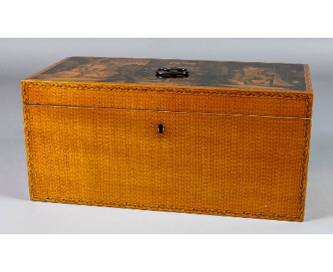 A Victorian Mauchline ware sycamore and penwork tea caddy, the lid decorated with four vignette scenes from "Tam O'Shanter", 