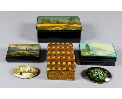 A Victorian Mauchline mosaic ware playing card case, 4.5ins x 2.75ins x 1.25ins, and a selection of other snuff boxes and pai