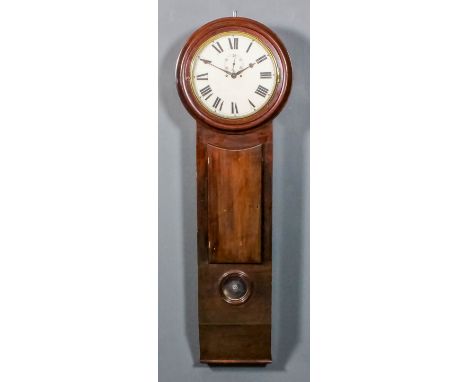 A mahogany cased tavern clock, the 14ins diameter painted metal dial with Roman numerals and subsidiary seconds dial, contain