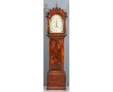 A 19th Century figured mahogany longcase clock by Burton of Eastry, the 12ins arched painted dial with Roman and Arabic numer