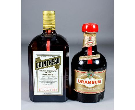 Three one litre bottles of Cointreau Liqueur (40% proof), two one litre bottles and one half litre bottle of Drambuie Scotch 
