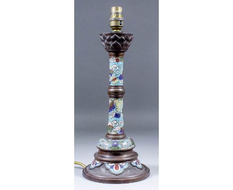 A Chinese and cloisonne enamel pillar candlestick, 12.5ins high, converted to an electric table lamp, with faux snakeskin squ