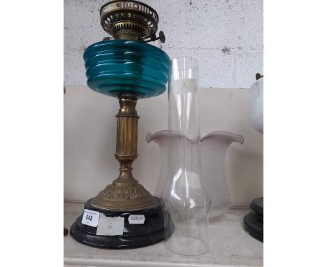 Victorian brass and blue glass oil lamp with funnel and shade 