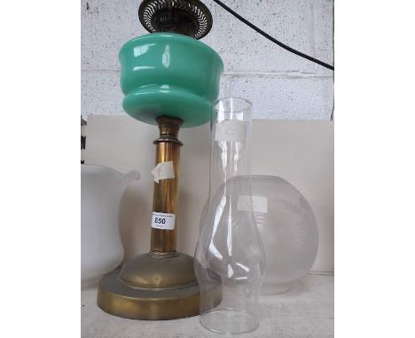 Victorian brass pillar and green glass oil lamp with etched shade and funnel 