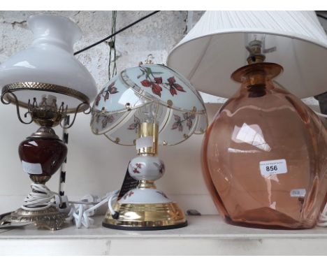 Large amber glass table lamp and two others 