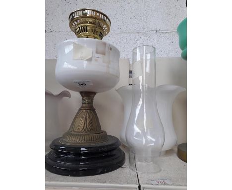 Victorian brass and milk glass oil lamp with funnel and shade 
