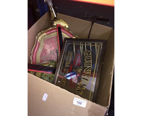 A box of misc to include Guiness mirror, tray, light fitting, RC helicopter, etc 