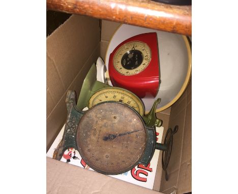 Box containing vintage scales, book and bowl 