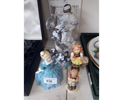 Doulton figure, Coalport figure, Two Hummel figures and bird ornament 