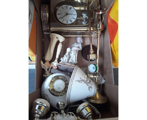 Box with lamp, clock and Royal Albert china phone etc. 