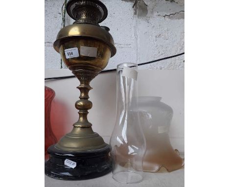 Victorian brass oil lamp with etched glass shade and funnel 