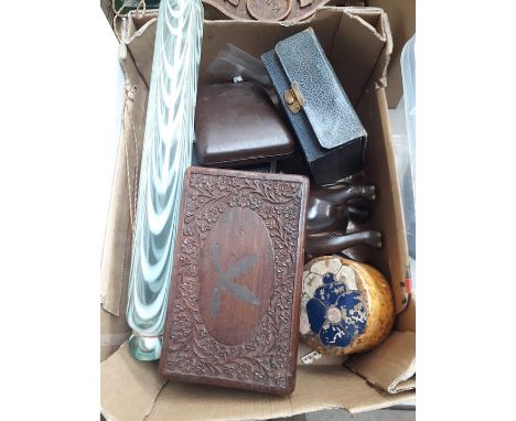 Box inc. wooden items and Victorian glass rolling pin 