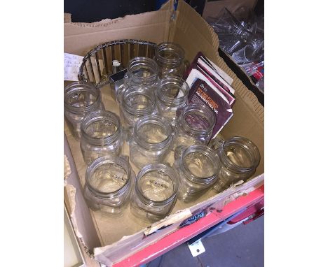 A mixed box including 12 jam jar style drinking glasses, a wall light and some Zumba instructors DVDs 