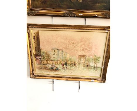 A large gilt framed  Parisien scene oil on canvas, signed M. Church 