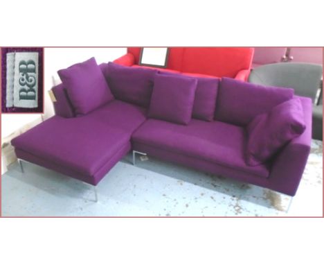 B&B ITALIA 'CHARLES' SOFA in two sections in aubergine on polished metal supports, 75cm H.