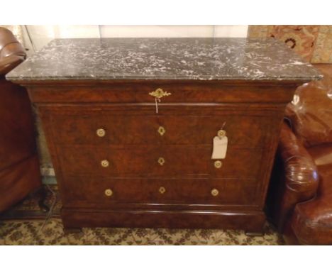COMMODE, 19th century French Louis Philippe figured walnut with five long drawers and veined grey marble top, 127cm x 97cm x 