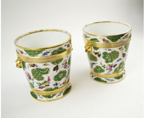 CACHE POTS, a pair, 19th century Continental ceramic each painted flower sprays, butterfly and bird with reserved gilt and gr