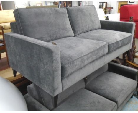 SOFA, two seater, in grey fabric on square ebonised supports, 189cm L.