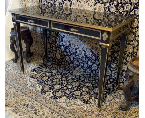 CONSOLE TABLE, by Ralph Lauren, Louis XVI style black lacquered with gilt bronze mounts, black glass top and two drawers, can