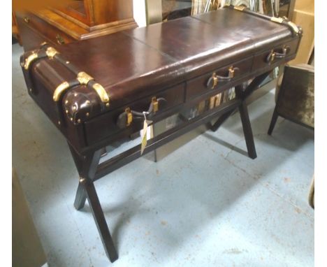 CONSOLE TABLE, Ralph Lauren style in tanned leather three drawers below on 'X' framed support, 141cm x 50cm x 92cm H.