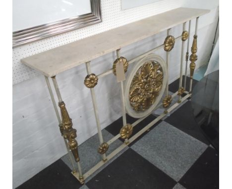 CONSOLE TABLE/RADIATOR COVER, with travatine top, on a wrought iron base, with gilt details, 34cm D x 99cm H x 172cm W.