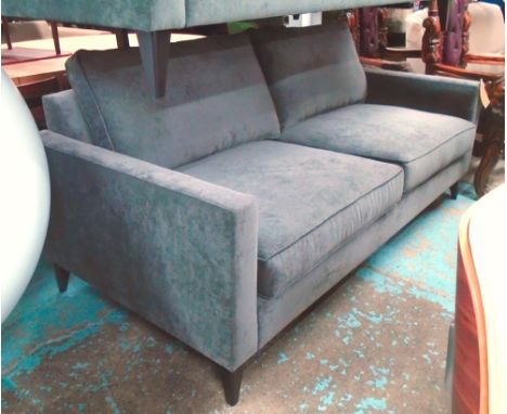 SOFA, two seater, in grey fabric on square ebonised supports, 189cm L.