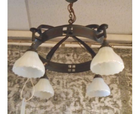 ARTS AND CRAFTS CHANDELIER, pewter, with four peripheral lights with white glass shades, approx 32cm diam.