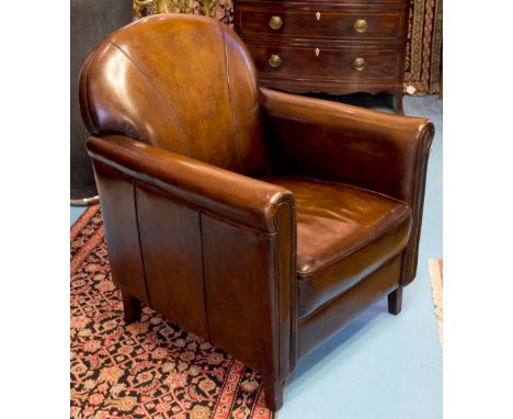 CLUB ARMCHAIRS, a pair, vintage Art Deco design stitched leaf brown leather arched back, scroll arms and square supports, 70c