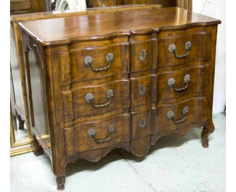 COMMODE, Louis XV style walnut with three shaped drawers, 80cm H x 108cm W x 44cm D. (with faults)