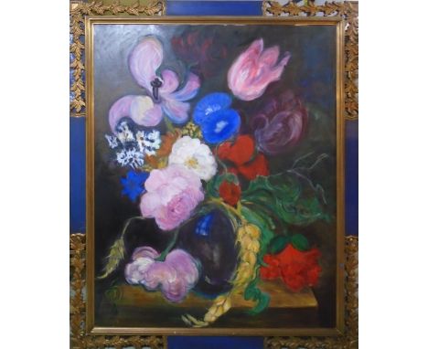 MICHELLE CARLTON-SMITH, 'Mixed flowers in a vase', oil on canvas, 166cm x 131cm, in carved framed.