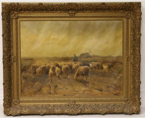 FEDOR van KREGTEN (Dutch, 1871-1937) 'Sheep and Shepherd', oil on canvas, signed lower right, 59cm x 79cm, in carved frame. 