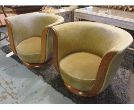 ART DECO LOUNGE CHAIRS, a pair, burr walnut and teak bearing metal plaque 'HOTEL LE MALANDRE' with velvet upholstery, 70cm W 