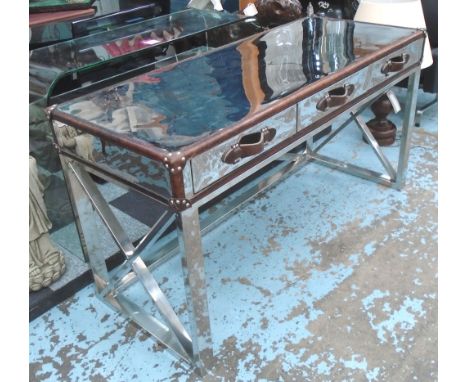 ANDREW MARTIN 'DA GAMA' CAMPAIGN STYLE DESK, steel and leather bound with a rectangular top and three short drawers below on 