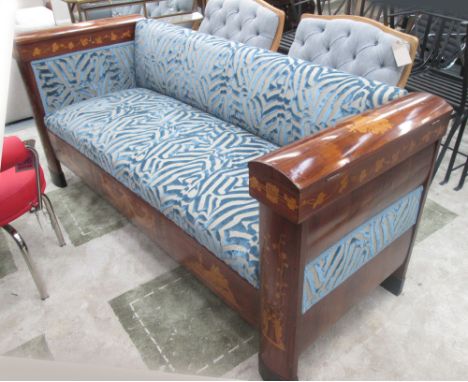 SOFA, two seater, early 20th century Swedish mahogany, in raised blue velvet, storage to arm rests and marquetry to top and f