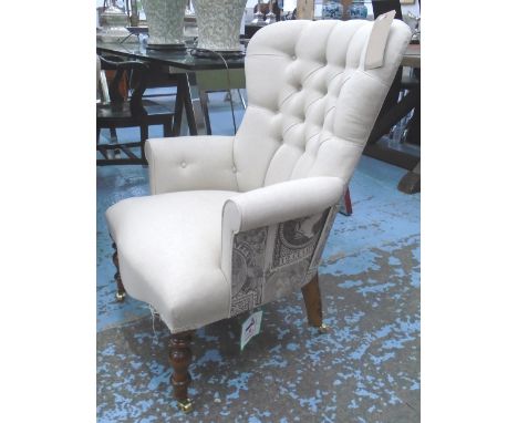 SALON CHAIR, button back in neutral fabric to front postage stamps printed to back on turned castor support, 67cm W.