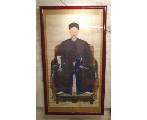 IMPERIAL PORTRAIT OF AN EMPEROR, possibly Qing dynasty in a red lacquered frame, 177cm x 100cm.