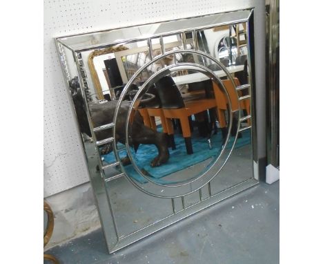 MIRROR, Art Deco style, bevelled, circular in a square mirrored frame, 110cm x 110cm.