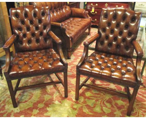 GAINSBOROUGH ARMCHAIRS, a pair, George III design mahogany hand finsihed leaf brown leather button upholstered. (2)