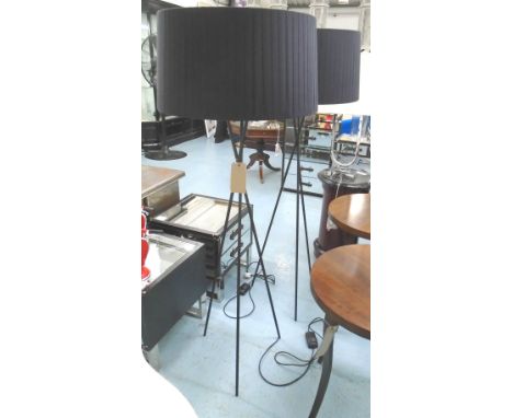 SANTA & COLE TRIPOD G5 FLOOR LAMPS, a pair, black finish with charcoal pleated ribbon shades (retails at £420 each), 175cm H.