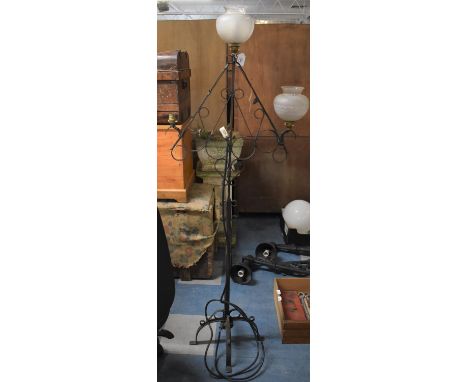 A Vintage Wrought Iron Three Branch Standard Lamp with Etched Glass Shade 