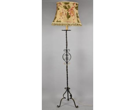A Mid 20th Century Wrought Iron Standard Lamp on Tripod Barley Twist Support 