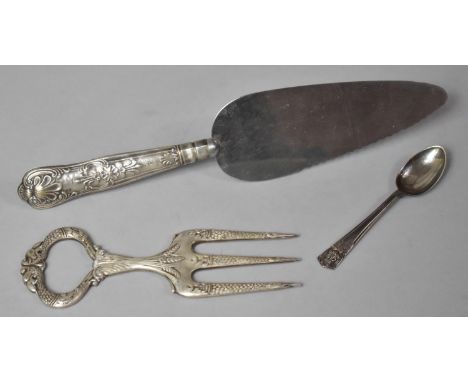 A Silver Coronation Spoon, Silver Handled Cake Slice and Shoe Horn and a Silver Plated Victorian Bread Fork 