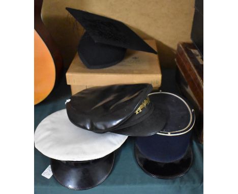 A Collection of Vintage Hats to Include French, Railway, Marine, Mortar and Gown with Cardboard Box etc 