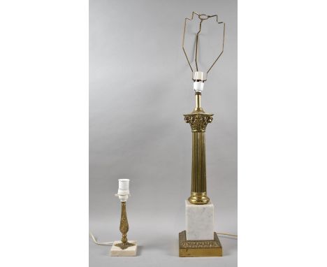 A Heavy Brass and White Marble Corinthian Column Table Lamp on Square Plinth Base, 54cm high Together with a Smaller Example 