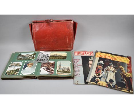 A Leather Music Case Containing Vintage Postcard Album and Coronation Magazines 