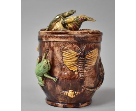 A Portuguese Caldas Palissy Ware Tobacco Pot Decorated with Frog, Snails, Lizards, Seashells, Snake etc, 16cm high 