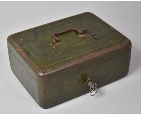A Vintage Heavy Metal Cash Tin with Key, Handle to Lid, 24cm wide 