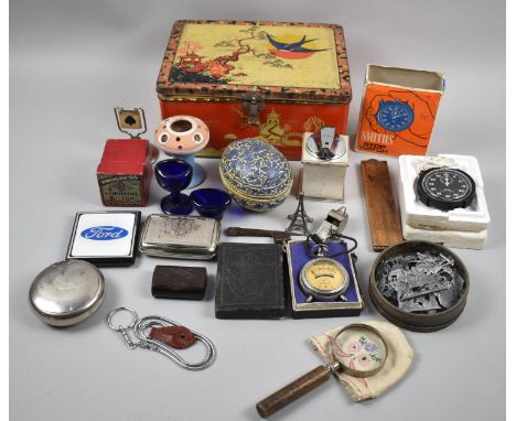 A Vintage Blue Bird Toffee Tin Containing Curios to Include Grays Cigarette Metal Military Flats in Tin, Magnifying Glass, Gy