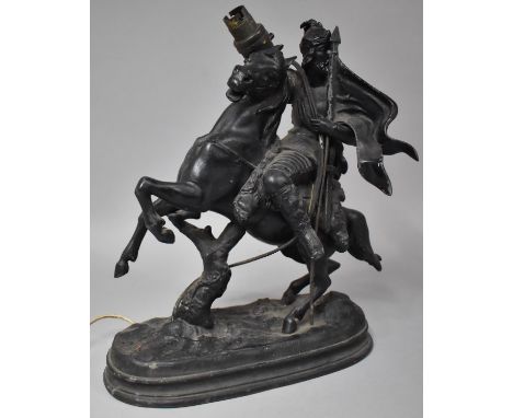 A Spelter Table Lamp in the Form of Warrior on Horseback , 35cm high, Condition Issues 