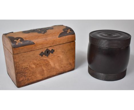 A Dome Topped Brass Mounted Oak Tea Caddy Casket, the Base Plate Inscribed For Cadburys Together with a Turned Wooden Cylindr